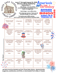 Summer Reading for Teens & Adults Begins - Pick up your America's 250th Bingo Sheet at the Checkout Desk!